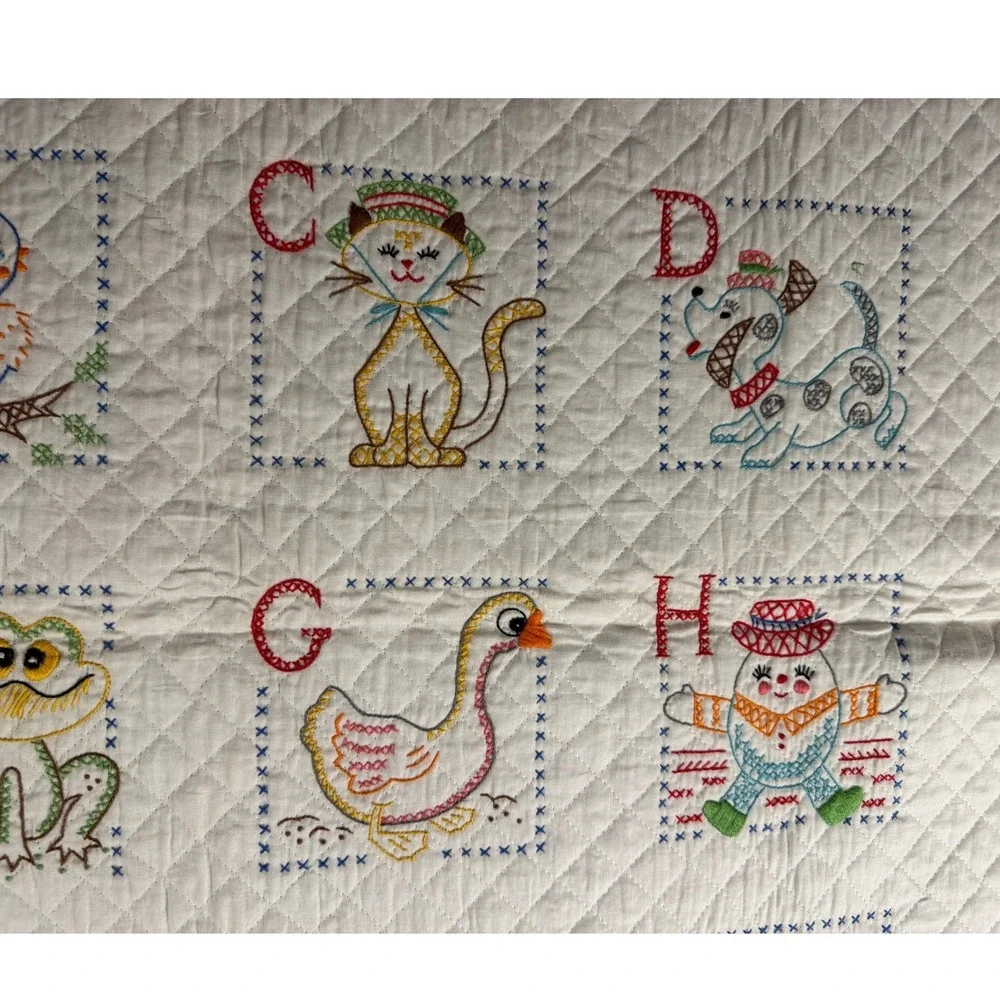 Vintage‎ Bucilla Alphabet Quilted Crib Cover and Bibs Set Hand Embroidered 70s